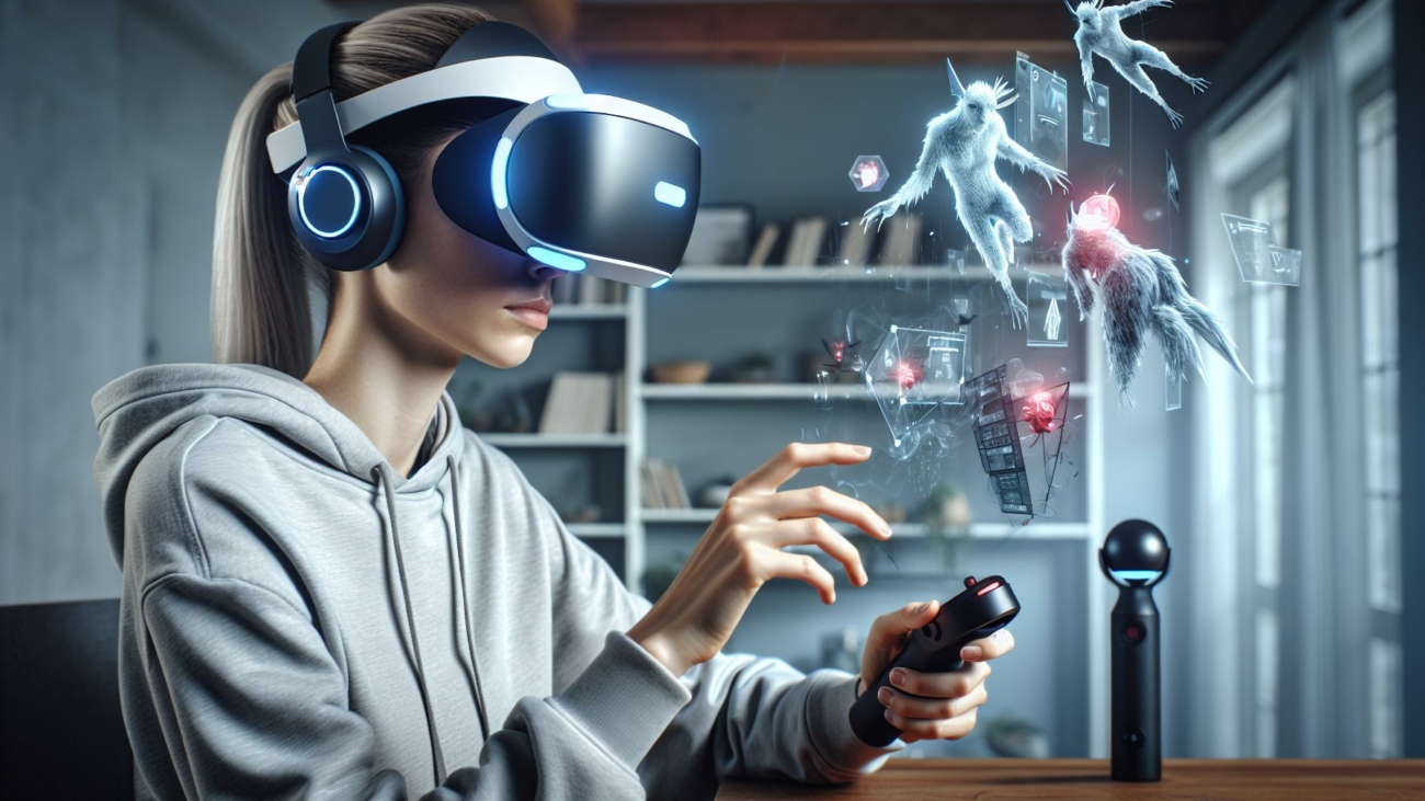 augmented reality gaming hardware includes a headset, a controller, and motion sensors.